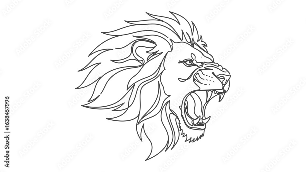 Fototapeta premium Lion Roar in Line Art: An intense black and white line art depiction of a roaring lion's head, showcasing its powerful expression and bold character, capturing a raw sense of untamed wildness.