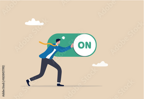 Turn on switch, paradigm shift or change to be better status, start or begin business, setting or preference concept, smart businessman push setting button switch to on position.	
