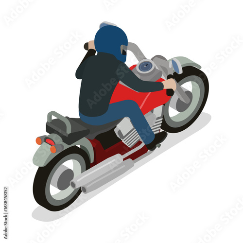 Isometric illustration of a biker riding a red classic motorcycle.