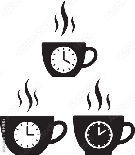 Three steaming coffee cups with clocks inside silhouette