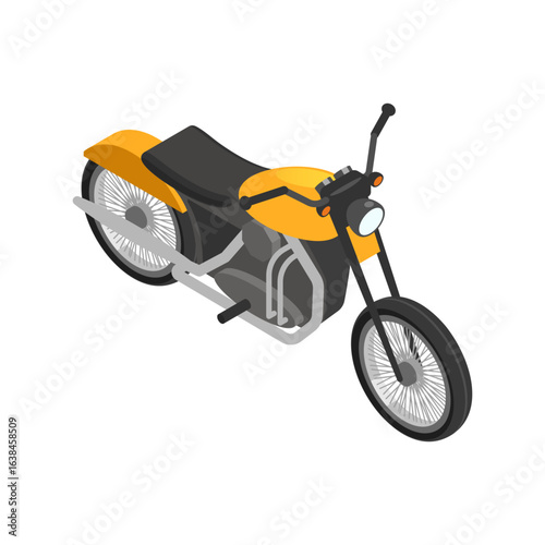 Isometric yellow chopper motorcycle illustration on a white background