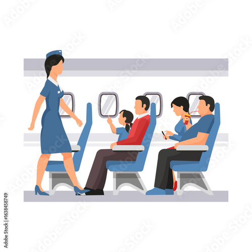 Flight Attendant Assists Passengers on Airplane, Traveling with Family