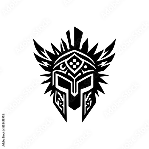 Tribal silhouette of a fierce warrior helmet with gaming accents