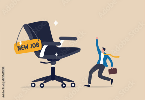 New job offer or new career opportunity, employment and recruitment, promoted to new position or hiring staff for vacancy concept, happy cheerful businessman greeting with his new job office chair.