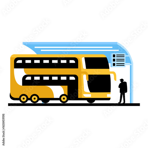 Double Decker Bus at Station with Passenger Waiting for Transportation
