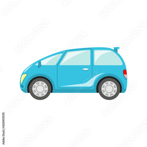Side view of a modern blue compact car, a stylized vector illustration