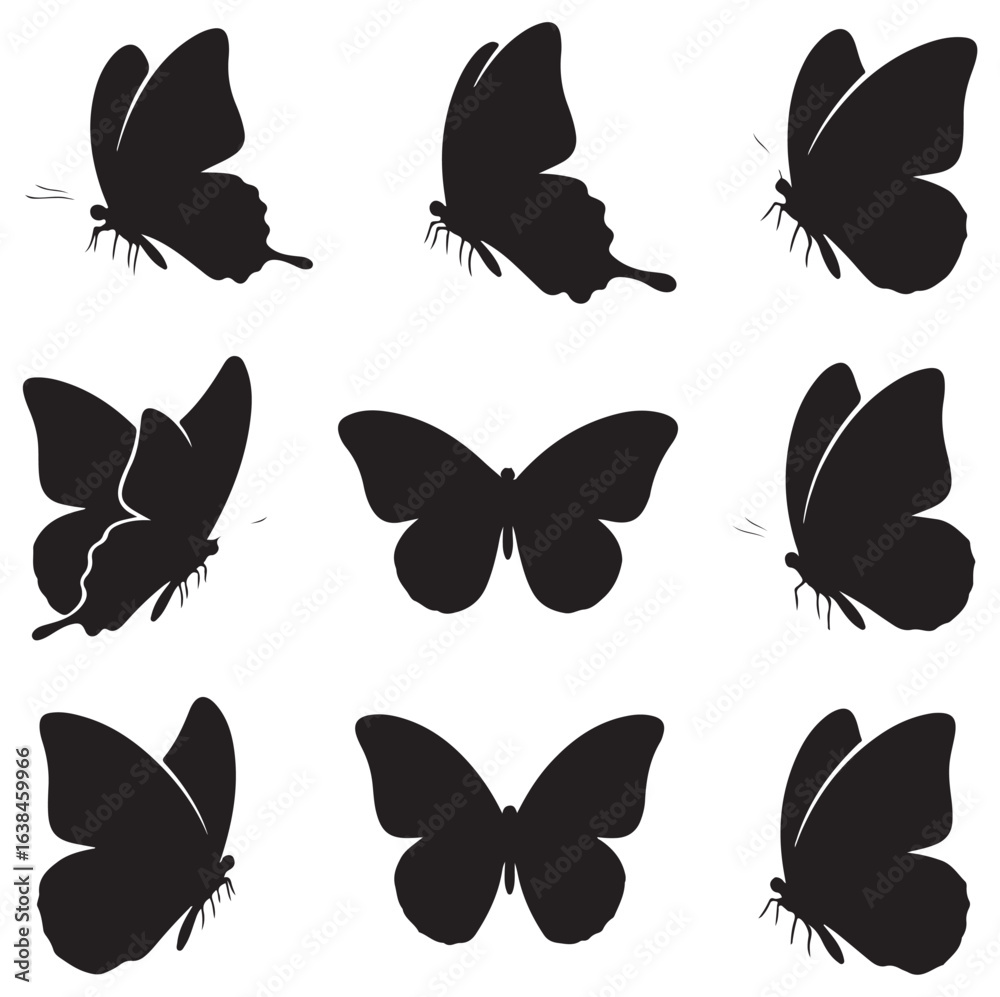 Fototapeta premium Butterfly Silhouettes | Black on White Minimal Vector Set. Ai generator
