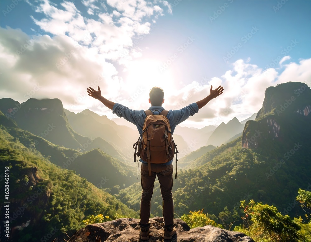 Obraz premium Man with open arms on a mountaintop