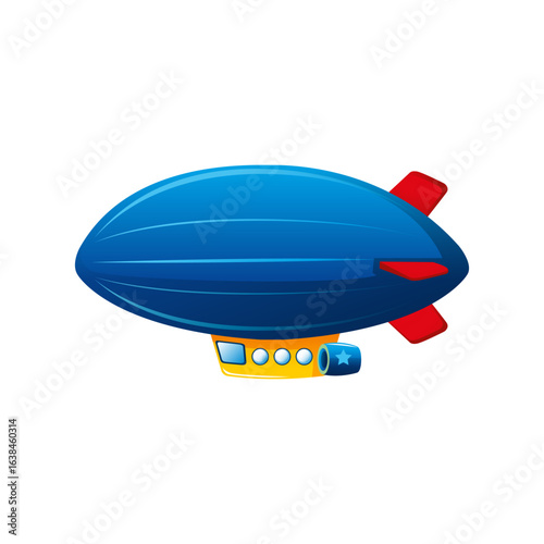 A vibrant blue cartoon dirigible airship with red tail fins illustration