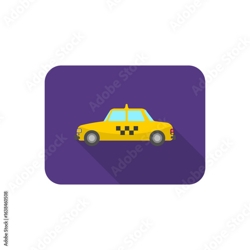 Flat design icon of a yellow taxi cab for transportation services.
