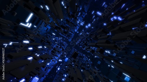 3d looped abstract background with data blocks. Information technology concept with data flow. Blue dark sci fi bg fly through hi tech digital space, neon light. Data flow in blockchain or bigdata.