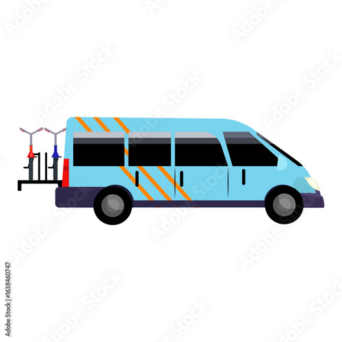 Light blue transport van with a bicycle rack for shuttle service