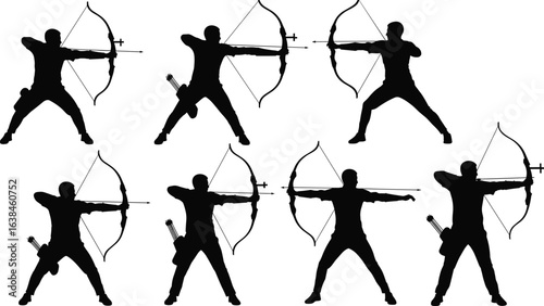 Archery silhouette set, bow and arrow poses, traditional archer clipart, shooting stance vector, sport icons, precision illustration bundle