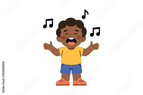 Joyful child singing with musical notes happy