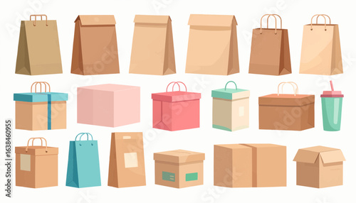 Sustainable Food Delivery Packaging in Flat Vector Style – Eco-Friendly Boxes and Paper Bags Isolated on White