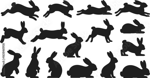 Silhouette rabbit collection, various poses, jumping, sitting, running, black bunny clipart, animal vector icons, wildlife graphic bundle, pet illustration set
