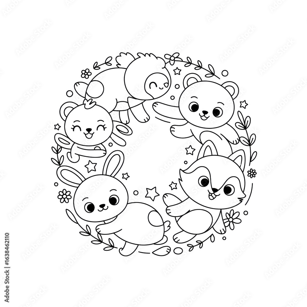 Obraz premium Adorable Animal Circle Cute Cartoon Bears, Rabbit, and Raccoon in a Wreath Design