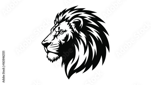 Majestic Lion Portrait: A striking black and white illustration of a lion's head, showcasing its regal profile and commanding presence, evoking strength and leadership.
