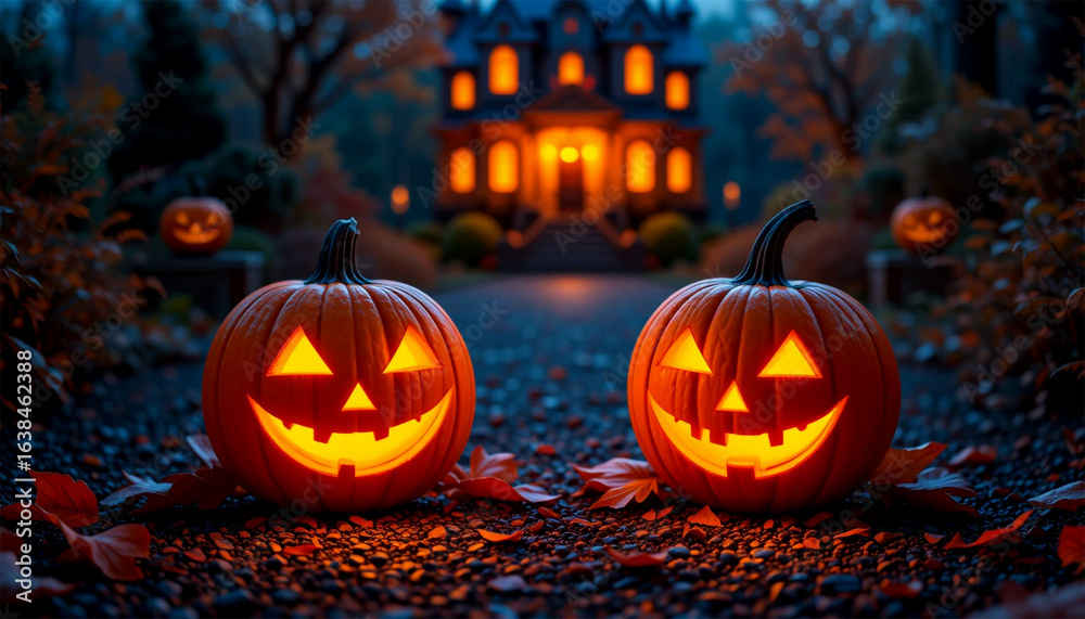 Fototapeta premium Spooky glowing jack-o'-lanterns welcome guests to a haunted mansion on Halloween night