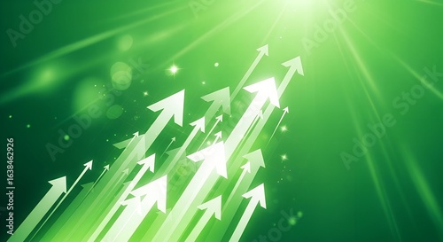Bright green arrows ascend towards a bright light symbolizing growth progress success and innovation