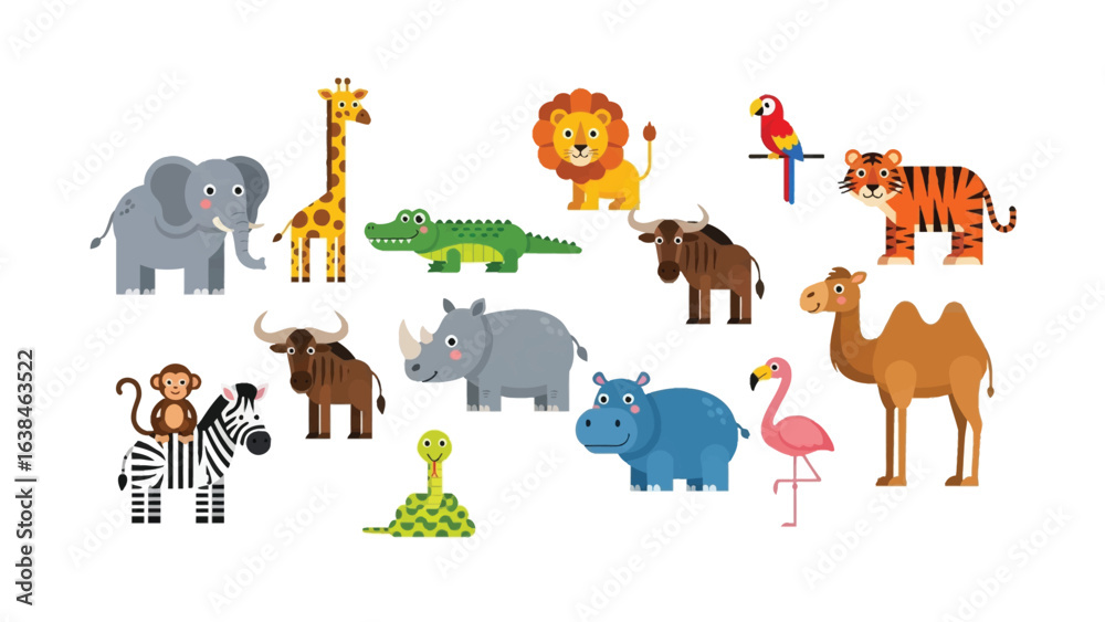 Fototapeta premium Animal Kingdom Iconography: A vibrant collection of wildlife icons showcases a spectrum of diverse creatures, designed with playful illustrative flair.