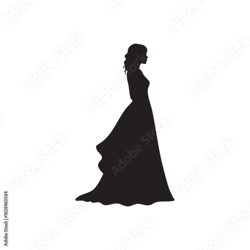 Elegant woman in ball gown silhouette isolated on white background