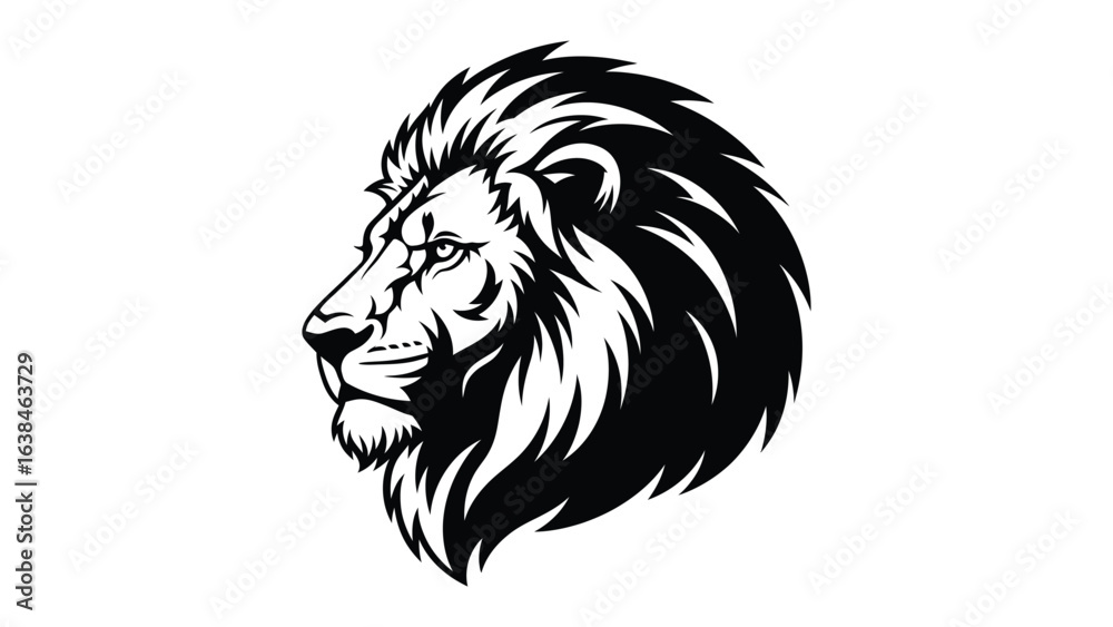 Fototapeta premium Majestic Lion Silhouette: A striking monochrome silhouette of a lion's profile, exuding strength, confidence, and regal elegance, perfect for impactful visual branding.