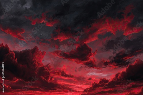 Dramatic sunset sky, dark clouds ablaze in fiery red