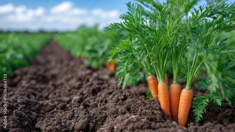 Vibrant orange carrots with lush green stalks emerge from moist soil in a sunlit farm field. Vibrant orange carrots with lush green stalks emerge from moist soil in a sunlit farm field.