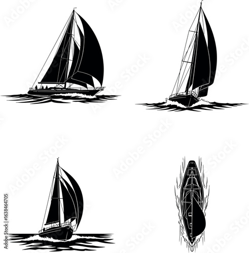 Sailing yacht silhouette set. Collection of black sailboat icons from different views. Racing boat on water vector illustration.
