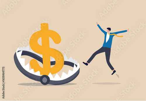 Financial money trap, risk in investment, ponzi scheme or business pitfall concept, businessman investor running and jumping into lore money pitfall or mouse trap with big money dollar sign bait.