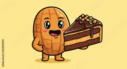 Whimsical peanut cartoon character joyfully presenting a delectable cake slice