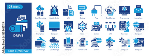 drive icon set collection in solid glyph style. an icon pack contain Cloud Computing, Plug, Programming, Computer, Wifi, Laptop, Computer, Memory, Application, Battery
