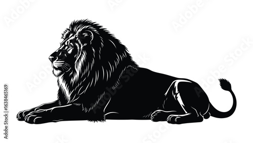 Majestic Lion Silhouette: A striking silhouette of a lion in repose, a symbol of strength, power, and regal authority. The art piece showcases the lion's formidable form and commanding presence.