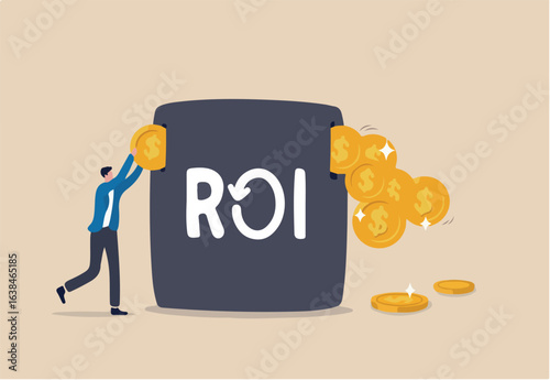 ROI, return on investment performance measure from cost invested and profit efficiency, marketing cost to get campaign success concept, businessman invest money coin in ROI box to get return profit.
