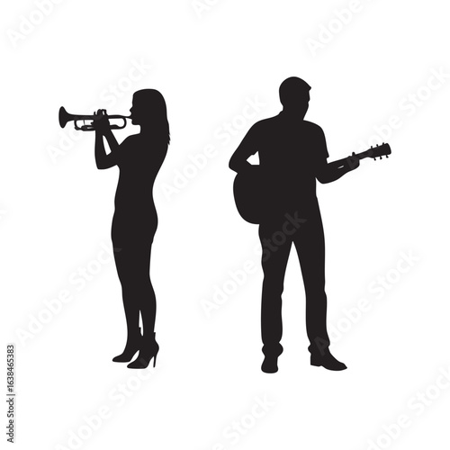 Musicians playing instruments silhouette isolated on white background