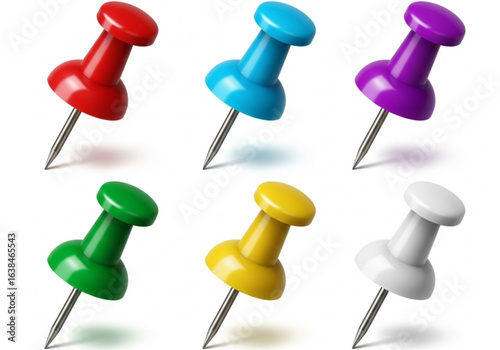 Vector art of set of colorful pushpins isolated on white background for office use