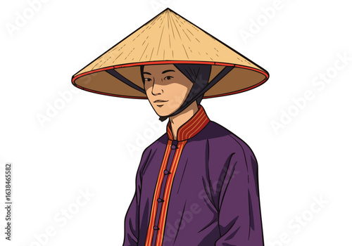 Asian man wears traditional Vietnamese attire including a conical hat conveying heritage and pride Bold colors and a simple background highlight the subject's dignified expression 