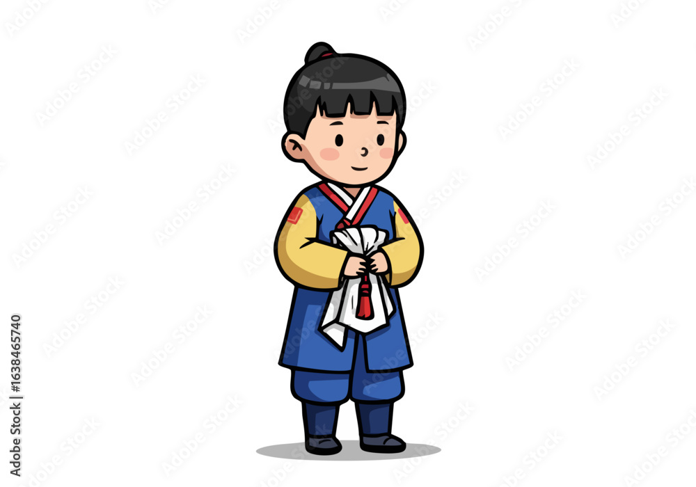 A cute young boy in traditional Korean attire proudly displays a scroll reading A cute young boy in traditional Korean attire proudly displays a scroll reading