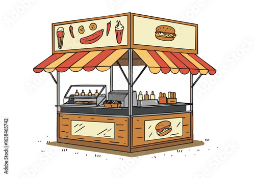 charming street food kiosk displays delicious burgers hot dogs and ice cream  Bright colors and a playful illustration style create a joyful and inviting scene