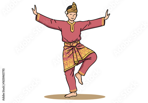 dancer in traditional Malay attire performs a graceful dance He wears a headdress and ornate clothing with outstretched arms