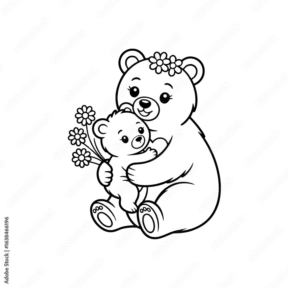 Obraz premium Tender Embrace Mother Bear and Cub with Flowers