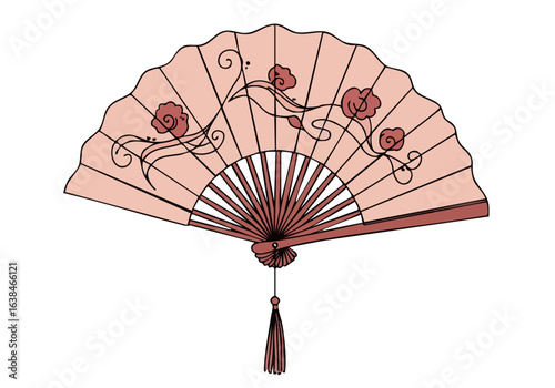 Elegant fan prop for cultural dance. Delicate floral design on a blush pink background. Ideal for performance, costume design, or artistic projects. Clean, modern aesthetic.