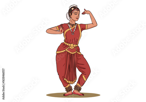 An elegant Indian dancer performs in traditional attire. Detailed illustration showcases grace and poise. Suitable for diverse commercial applications.