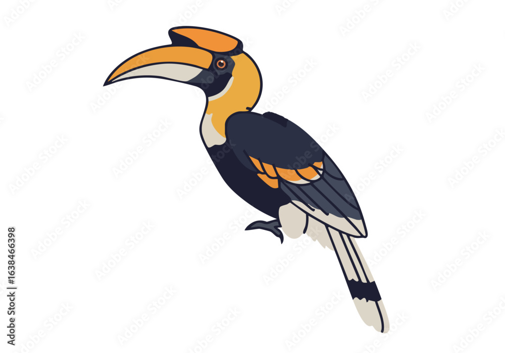 Obraz premium Malaysia's iconic Kon Jepun hornbill beautifully illustrated striking symbol of the country's wildlife Clean lines vibrant colors perfect for nature travel or educational materials