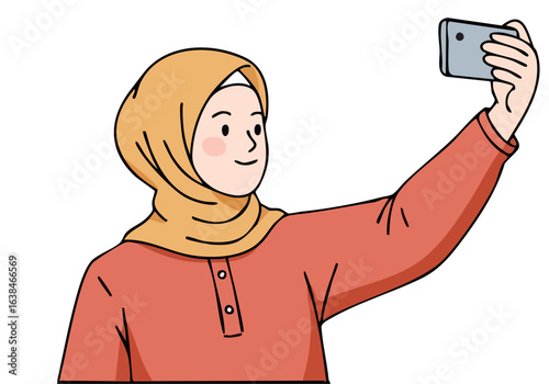 Muslim woman takes a selfie with her smartphone capturing a memory Warm colors and a simple background create a cheerful modern feel Suitable for lifestyle and social media content
