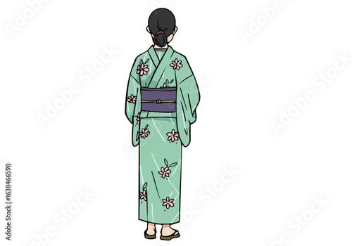 serene illustration depicts a woman in a traditional Obon kimono showcasing graceful Japanese style The image offers a visually appealing and culturally rich design