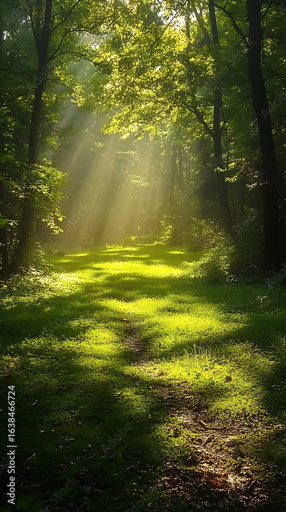 Obraz premium Sunlight streams through lush green forest canopy illuminating a peaceful woodland path