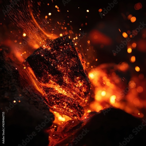 Fiery coals blaze outdoor fire pit