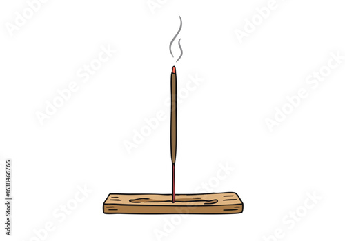 simple illustration depicts a burning incense stick on a wooden holder emitting smoke The design evokes an -ancestral prayer scent- with a soft pastel aesthetic 